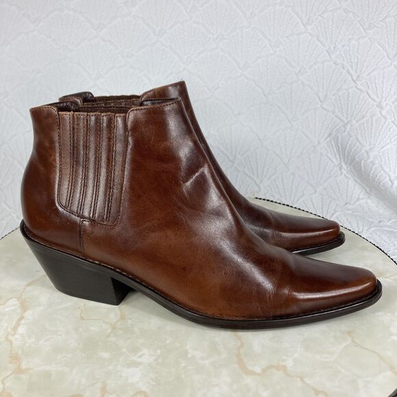 Matisse Ankle Boots Womens Sz 7 Dark Brown Leather Pointe Toe Block Heel Booties - Picture 1 of 12